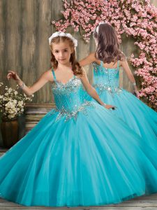 Floor Length Ball Gowns Sleeveless Aqua Blue Pageant Gowns For Girls Lace Up