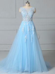 Simple Brush Train Empire Homecoming Dress Baby Blue Scoop Tulle Sleeveless Lace Up