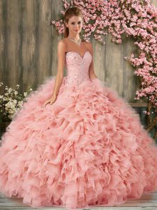 Vintage Sleeveless Organza Floor Length Lace Up Quinceanera Gown in Baby Pink with Beading and Ruffles