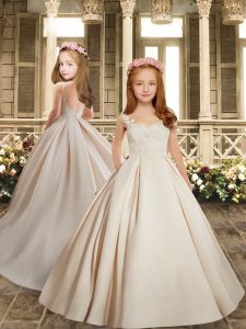 Traditional Sleeveless Satin Sweep Train Backless Flower Girl Dresses in White with Lace