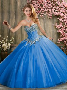 Fashionable Blue Ball Gowns Beading Quinceanera Gowns Lace Up Tulle Sleeveless Floor Length