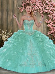 Decent Organza Sweetheart Sleeveless Lace Up Beading and Ruffles 15th Birthday Dress in Turquoise