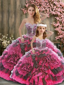 New Arrival Sleeveless Organza Floor Length Zipper Vestidos de Quinceanera in Pink And Black with Beading and Ruffles
