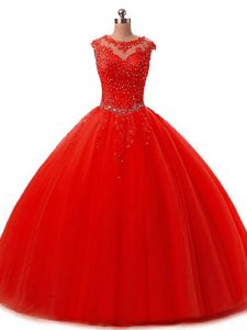 Graceful Red Ball Gowns Beading and Lace Ball Gown Prom Dress Lace Up Tulle Sleeveless Floor Length