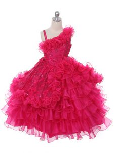 Lovely Floor Length Hot Pink Little Girl Pageant Gowns Asymmetric Sleeveless Lace Up