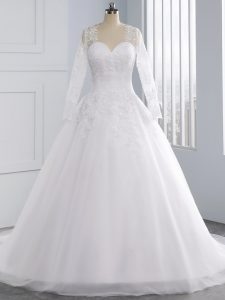 High End Sleeveless Court Train Lace Up Appliques Wedding Gown