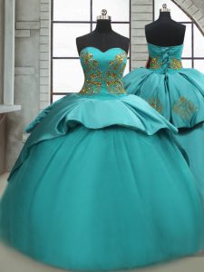 Turquoise Ball Gowns Beading and Appliques Quinceanera Gown Lace Up Satin Sleeveless