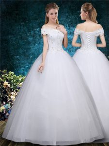 White Organza Lace Up Off The Shoulder Cap Sleeves Floor Length Wedding Gown Beading and Appliques