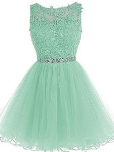 Apple Green Tulle Zipper Prom Party Dress Sleeveless Mini Length Beading and Lace and Appliques and Ruffles
