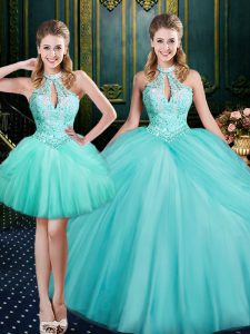 Sexy Aqua Blue Ball Gowns Halter Top Sleeveless Tulle Floor Length Lace Up Beading and Pick Ups Quinceanera Dresses