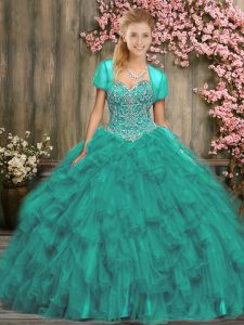 Stunning Turquoise Organza Lace Up Vestidos de Quinceanera Sleeveless Floor Length Beading and Ruffles