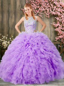 Exquisite Lavender Ball Gowns Tulle Scoop Sleeveless Beading and Ruffles Floor Length Zipper Quince Ball Gowns