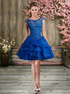 Classical Knee Length Blue Tulle Cap Sleeves Beading and Lace and Appliques and Ruffles