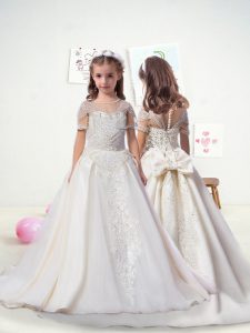 Sweep Train Ball Gowns Flower Girl Dresses for Less White Scoop Chiffon Short Sleeves Clasp Handle