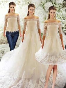 Customized Off The Shoulder Half Sleeves Court Train Clasp Handle Wedding Gowns White Tulle