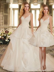 White Bridal Gown V-neck Sleeveless Brush Train Clasp Handle
