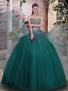 Sleeveless Floor Length Beading Lace Up Sweet 16 Dresses with Dark Green