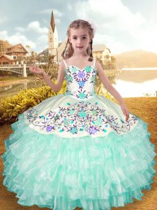 Pretty Apple Green Little Girl Pageant Dress Wedding Party with Embroidery and Ruffled Layers Straps Sleeveless Lace Up