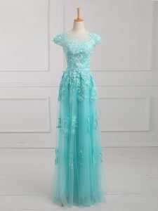 Aqua Blue Scoop Lace Up Beading and Lace and Appliques Mother of Groom Dress Short Sleeves