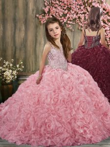 Rose Pink Kids Formal Wear Party and Wedding Party with Beading Straps Sleeveless Brush Train Lace Up