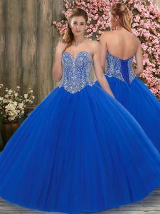 Sleeveless Tulle Floor Length Lace Up Sweet 16 Quinceanera Dress in Royal Blue with Beading