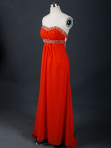 Coral Red Strapless Backless Beading Prom Gown Sleeveless