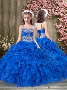 Latest Royal Blue Straps Neckline Beading and Ruffles Kids Formal Wear Sleeveless Lace Up