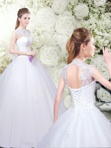 White Ball Gowns Tulle High-neck Sleeveless Appliques Floor Length Lace Up Wedding Gown