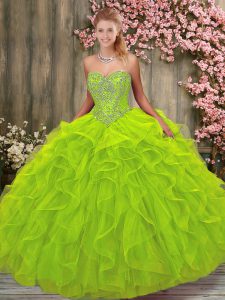 Hot Sale Tulle Lace Up Sweet 16 Dress Sleeveless Floor Length Beading and Ruffles