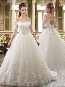 Dazzling White Organza Lace Up Wedding Gowns Half Sleeves Sweep Train Appliques and Embroidery