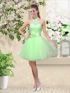 Graceful Sleeveless Tulle Knee Length Lace Up Bridesmaids Dress in with Lace and Belt