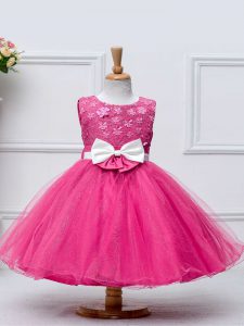 Tulle Scoop Sleeveless Zipper Lace and Bowknot Kids Formal Wear in Hot Pink