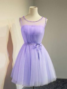 Tulle Scoop Sleeveless Lace Up Belt Bridesmaid Dress in Lavender