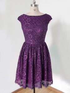 Fabulous Dark Purple Lace Up Dama Dress for Quinceanera Lace Sleeveless Knee Length