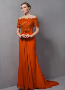 Best Short Sleeves Lace Zipper Mother of the Bride Dress with Orange Sweep Train