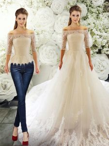 Off The Shoulder Half Sleeves Tulle Wedding Gowns Lace Court Train Clasp Handle