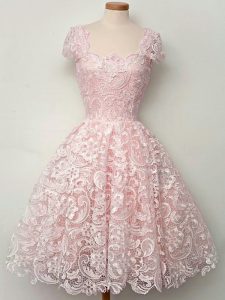Baby Pink A-line Lace Quinceanera Court of Honor Dress Lace Up Lace Cap Sleeves Knee Length