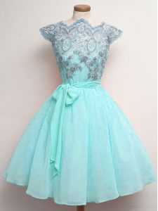 Chiffon Scalloped Cap Sleeves Lace Up Lace and Belt Quinceanera Dama Dress in Aqua Blue