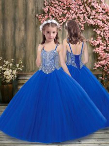 Royal Blue Sleeveless Beading Floor Length Pageant Gowns For Girls