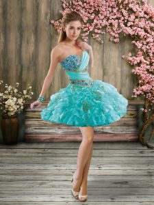 Aqua Blue Organza Lace Up Sweetheart Sleeveless Mini Length Homecoming Dress Beading and Ruffles