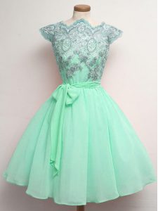 Shining Apple Green Chiffon Lace Up Bridesmaid Gown Cap Sleeves Knee Length Lace and Belt