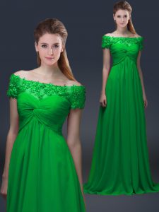 Flirting Floor Length Green Mother Dresses Off The Shoulder Short Sleeves Lace Up