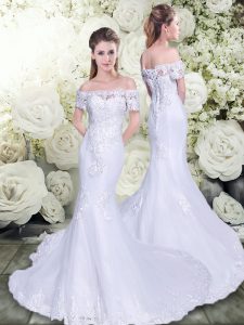 Fantastic Lace and Appliques Wedding Gowns White Lace Up Sleeveless Brush Train
