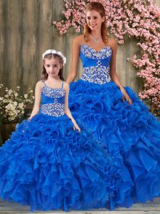 Sweetheart Sleeveless Lace Up Ball Gown Prom Dress Royal Blue Organza