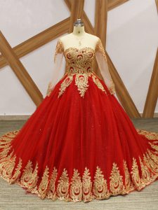 Popular Long Sleeves Court Train Beading and Appliques Lace Up Quinceanera Dresses