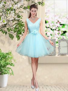 Popular V-neck Sleeveless Lace Up Wedding Guest Dresses Aqua Blue Tulle