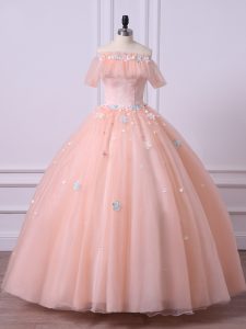 Exceptional Floor Length Ball Gowns Short Sleeves Peach Sweet 16 Dresses Lace Up