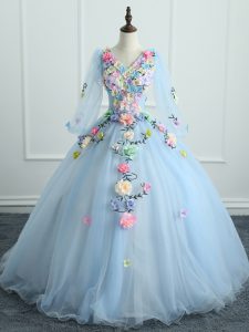Fantastic Light Blue Tulle Lace Up Quinceanera Dress Long Sleeves Floor Length Appliques and Hand Made Flower
