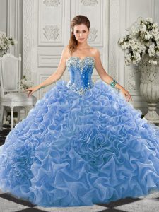 Sleeveless Beading and Ruffles Lace Up Sweet 16 Dresses with Light Blue Court Train