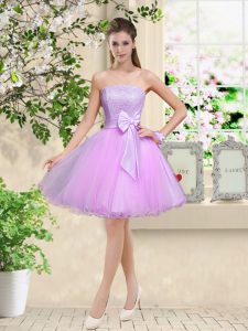 Edgy Lilac Off The Shoulder Neckline Lace and Belt Bridesmaid Dress Sleeveless Lace Up